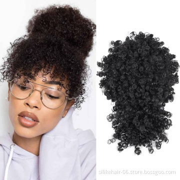 High Quality Brown Afro Puff Hair Pieces Short Kinky Curly Drawstring Ponytail Chignon With Bangs Synthetic Hair Bun Extensions